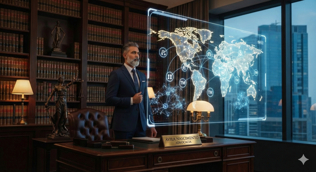 Sócio sênior em escritório de advocacia boutique analisando estratégia global de propriedade intelectual e dados de inteligência artificial em interface holográfica, combinando tradição jurídica e inovação tecnológica.
