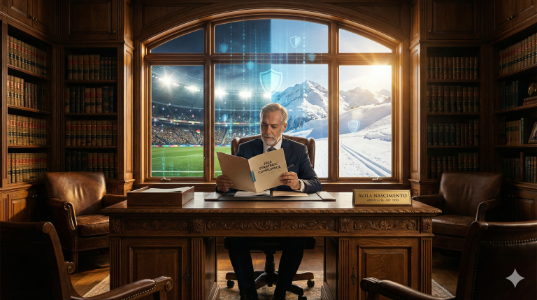 Sócio sênior do escritório tradicional Ávila Nascimento Advocacia analisando dossiê de '2026 Strategic Compliance'. A janela ao fundo divide a visão entre um estádio de futebol e montanhas de esqui protegidos por escudos digitais, ilustrando a segurança jurídica na estratégia de marca para a Copa do Mundo e Jogos de Inverno.