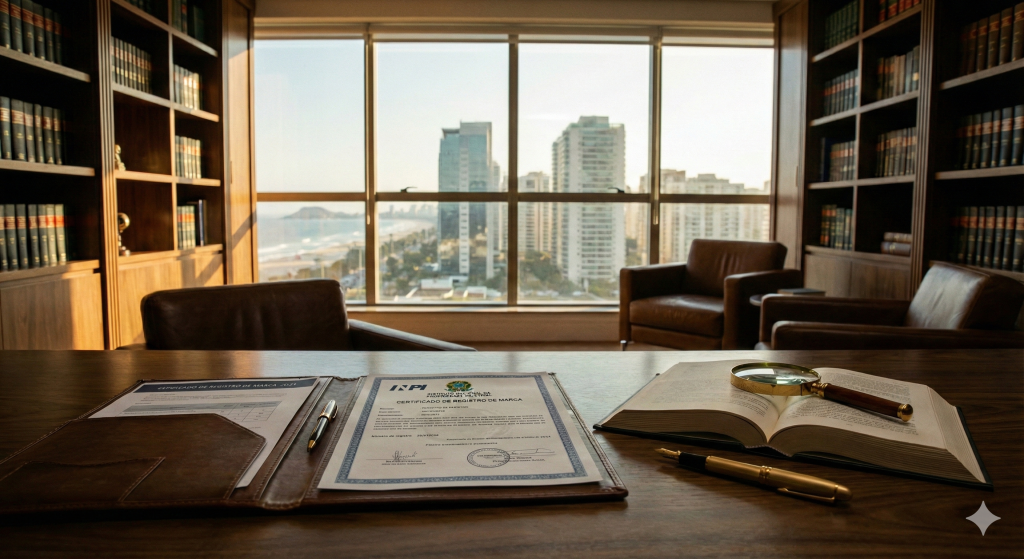 Mesa de sócio sênior em escritório de advocacia boutique tradicional, com documentos e estratégias para o processo de registro de marcas no INPI passo a passo.