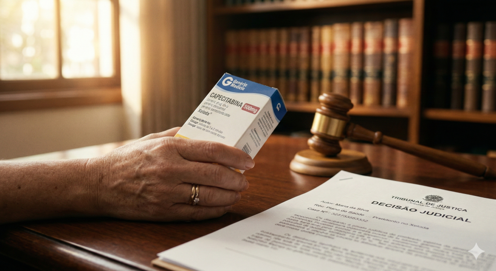 Mãos de paciente segurando Capecitabina com liminar judicial concedida por advogado especialista em saúde.