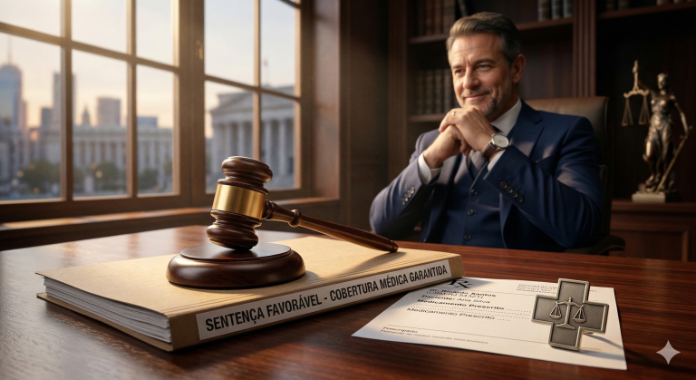Gavel de advogado sobre sentença favorável contra plano de saúde, garantindo tratamento médico.