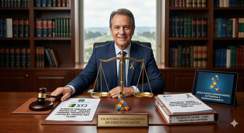 Fotografia profissional em escritório de advocacia mostrando um advogado experiente com um broche discreto do símbolo do autismo (quebra-cabeça). Ele está sentado à mesa com uma balança de justiça equilibrada sobre o símbolo do autismo. À frente, documentos do STJ e laudos médicos que confirmam a proibição da limitação terapia ABA plano de saúde para autismo (TEA), ao lado de um tablet com a frase "Resultados Comprovados: Autonomia e Desenvolvimento".