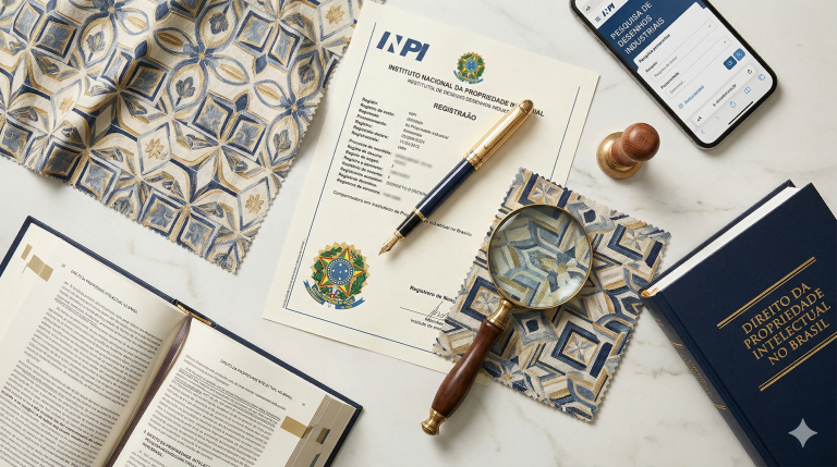Amostra de tecido com estampa ao lado de documento de registro de desenho industrial no INPI e lupa sobre busca de anterioridade de design de moda