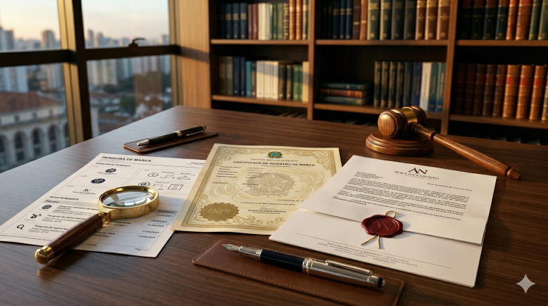 Mesa de escritório de advocacia com certificado de registro de marca do INPI, notificação extrajudicial e lupa sobre busca de marcas
