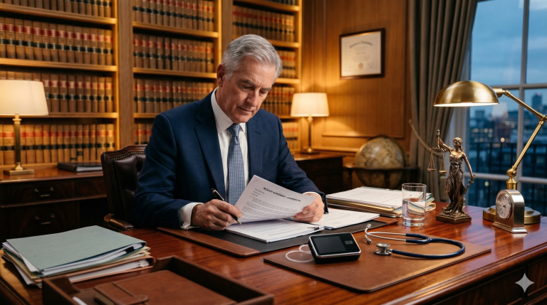 Advogado especialista em direito à saúde analisando documentos com bomba de insulina sobre a mesa, representando a obrigação do plano de saúde de fornecer o equipamento conforme decisão do STJ