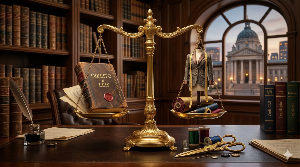 Uma balança dourada em uma biblioteca jurídica pesando um livro intitulado 'DIREITO E LEIS' contra um terno de alta costura e ferramentas de costura, ilustrando a Propriedade Industrial Fashion Upcycling.