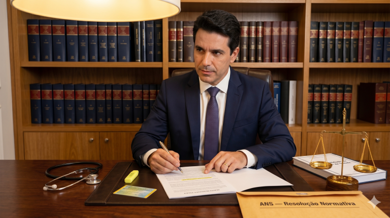 Advogado em escritório de advocacia tradicional analisando contrato de portabilidade de plano de saúde, com balança da justiça e documentos da ANS sobre a mesa, representando direitos e proteção do beneficiário.