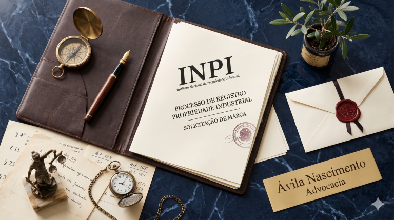 Documentos jurídicos e símbolos de propriedade intelectual — trâmite prioritário de marca no INPI — Ávila Nascimento Advocacia" e incluir legenda visível com "Ávila Nascimento Advocacia — especialistas em registro e defesa de marcas no INPI.