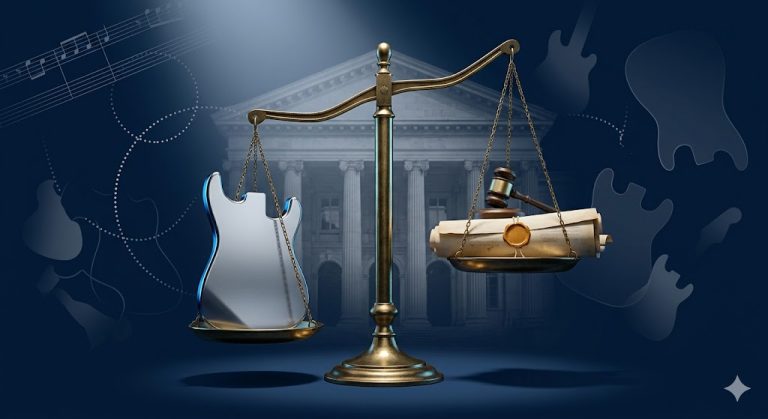 Balança da justiça com guitarra elétrica e documentos legais ilustrando a decisão europeia da Fender Stratocaster