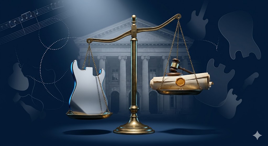 Balança da justiça com guitarra elétrica e documentos legais ilustrando a decisão europeia da Fender Stratocaster