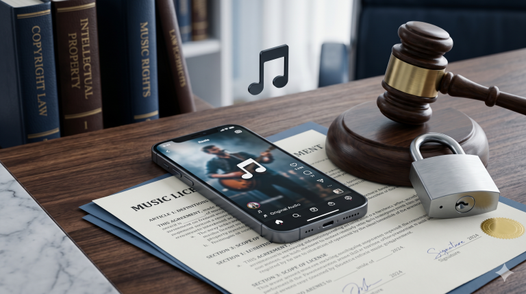 Smartphone com Reel em reprodução, martelo de juiz e cadeado sobre mesa jurídica — direito autoral sobre uso de música em vídeos comerciais