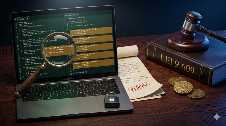 Proteção jurídica do software: código-fonte comparado sob lupa sobre mesa jurídica com martelo e Lei 9.609 — Ávila Nascimento Advocacia