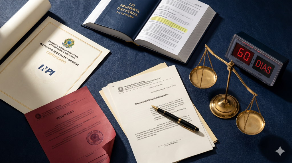 nulidade marca registro INPI Notificação de processo administrativo de nulidade de marca no INPI sobre mesa com certificado de registro e Lei 9.279/1996 aberta