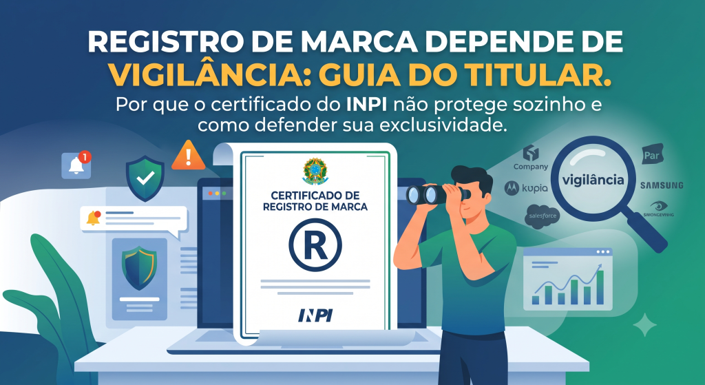 Certificado de registro de marca do INPI sob uma lupa, ilustrando que a eficácia do registro depende de vigilância contínua