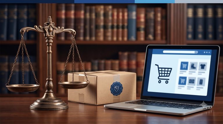 Balança da justiça ao lado de notebook com ícone de carrinho de compras, simbolizando o trâmite prioritário para marketplace no INPI