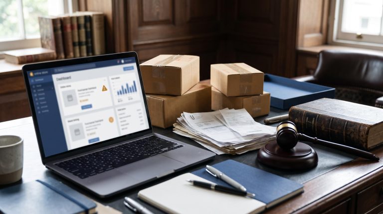 Mesa de lojista com notebook mostrando anúncio pausado, caixas de envio e notas fiscais, representando a conta suspensa no Mercado Livre por denúncia de marca