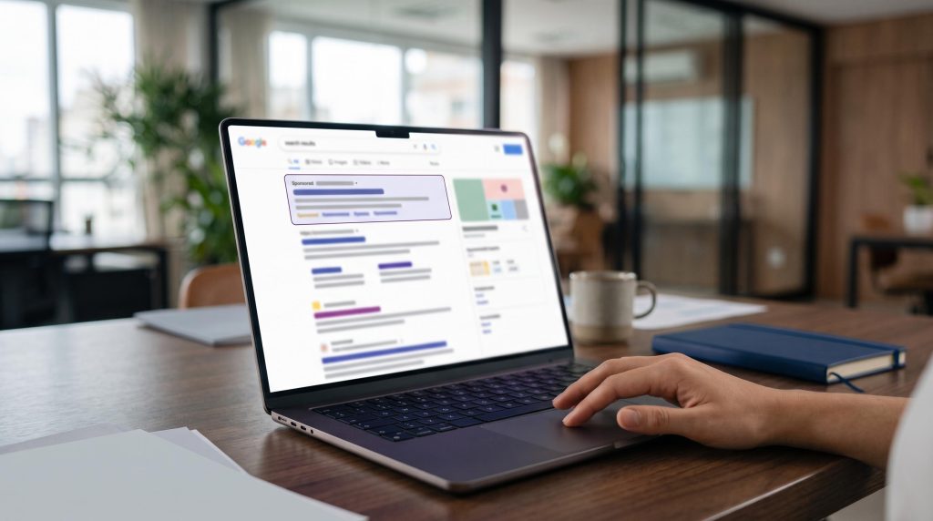 Tela de notebook com resultados de busca e anúncio patrocinado em destaque, representando o uso da marca do concorrente no Google Ads