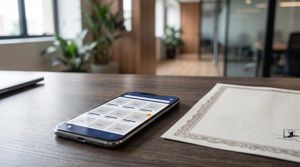 Celular com anúncios de loja virtual, um deles sinalizado, ao lado de um certificado de registro, representando o uso do registro de marca contra perfis falsos e anúncios em marketplaces