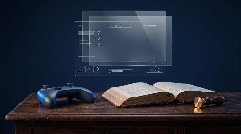 Controle de videogame sobre livro de leis, simbolizando o registro de jogos eletrônicos no INPI